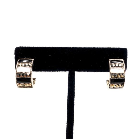 Sterling Silver Onyx & Mother of Pearl Marcasite Hoop Earrings 925 - Picture 1 of 11